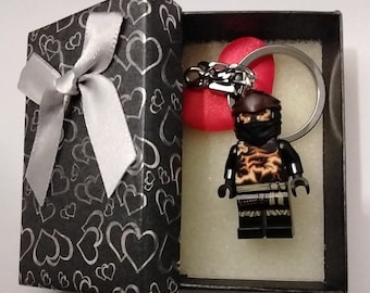 Custom Cole keychain made with a genuine modified LEGO minifigure & Gift Box - handmade ninja Keychain