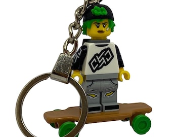 Handmade LEGO Longboarder Minifigure Keychain, Skater Gift, Cute Brick Keychain for Backpack