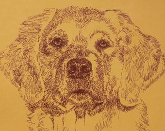 Golden Retriever dog art portrait drawing from words. Your dog's name added into art FREE. Great gift Signed Kline 11X17 Lithograph 333/500.