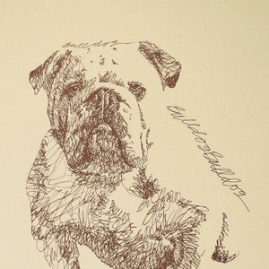 English Bulldog - Artist Kline draws his dog art using only words. Signed 11x17 Lithograph 228/500 - Your Dogs Name added Free