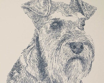 Miniature Schnauzer - Artist Kline draws his dog art using only words. Signed 11x17 Lithograph 66/500 - Your Dogs Name added Free