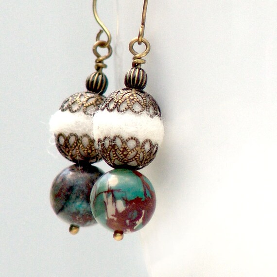 Items similar to Felt Bead Gemstone Drop Earrings Mixed Media Dangle Brass French Wire on Etsy