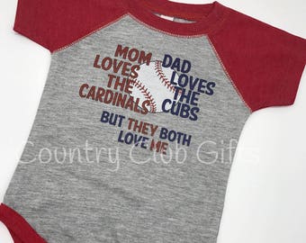 House Divided, Cardinals, Cubs t shirt, baseball shirt. bodysuit shirt, baby gift, sports rivals, team,  baby girl, baby boy