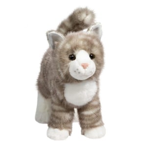 May include: A plush toy cat in a standing pose. The cat has gray and white striped fur, with white paws and a white chest. It has a pink nose, black eyes, and its tail is slightly curved upwards. The toy is designed to resemble a realistic cat.