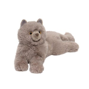 May include: A plush, gray cat toy with a soft, furry texture. The cat is lying down with its paws extended, and has yellow eyes and a small, smiling face. The toy is designed to resemble a British Shorthair cat.