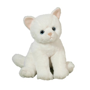 May include: A plush white cat with blue eyes and pink inner ears sits upright. The stuffed animal has a soft, fluffy texture and a friendly expression. The cat's tail is curled slightly to the side. A cute and cuddly toy.