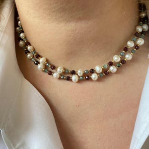 Long Pearl Necklace, Garnet & Apatite Gemstone Beaded Choker