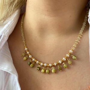 Handcrafted Citrine Beaded Necklace, Pearl & Serpentine Gemstone Jewelry