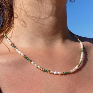 Zierliche Natürliche Perle und Türkis Halskette, Geniune Blauer Türkis chocker, Sommer Perlen Halskette