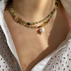 Prehnite Hand Knotted Necklace · Beaded Gemstone Necklace · Knotted Statement Necklace · Long Prehnite Jewel, Two Strand Choker Necklace