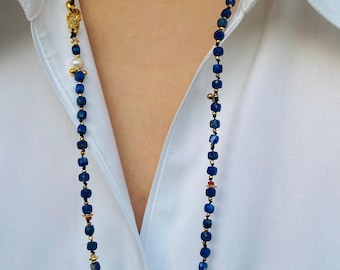 Hand-Knotted Lapis Lazuli Long Necklace – Versatile Boho Jewelry