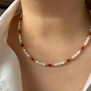 Dainty Natural Pearl and Coral Necklace, Geniune  Red Coral chocker
