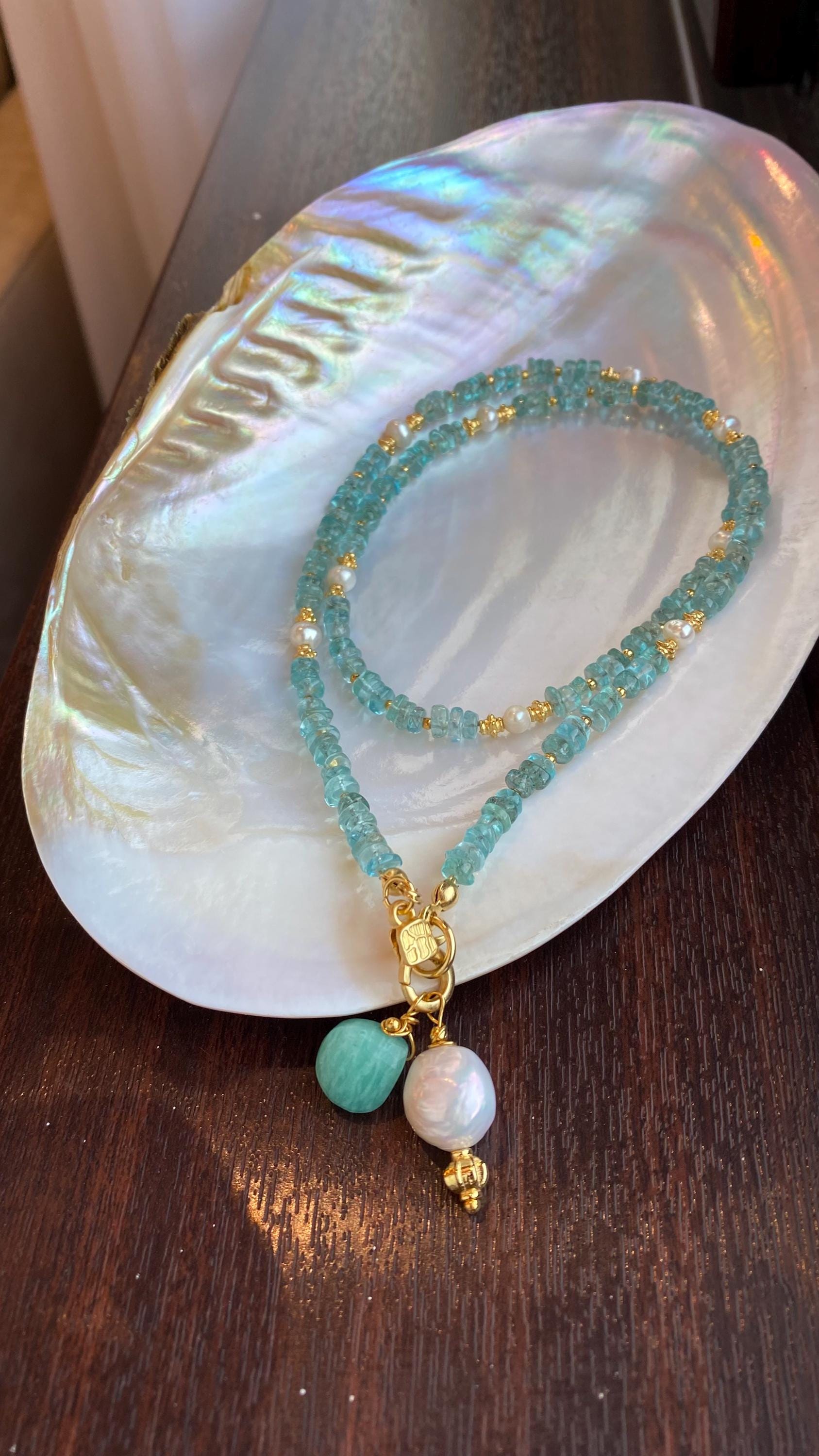 Blue Apatite Beaded Necklace, Baroque Pearl Pendant, Handmade Gemstone Jewelry, Valentines day gift