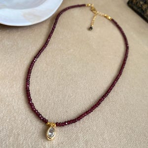 High Quality Deep Red Garnet Necklace, Dainty Garnet Necklace with Drop Zirconia Pendant, Minimalist Gemstone Choker