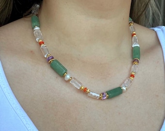 Colorful Statement Necklace with Crystal Quartz, Aventurine, Amethyst, Coral & Pearl | Handmade Boho Chic Jewelry