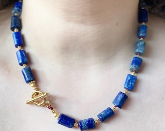 Hand-Knotted Lapis Lazuli Necklace | Red Silk Cord, Gold Plated Details