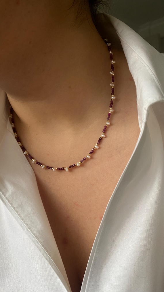 Genuine Ruby Beaded Choker, Dainty Pearl Necklace, July Birthstone Gift, Christmas Gift