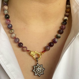 Tourmaline Hand knotted Beaded Necklace with Vintage Pendant, Charm Necklace