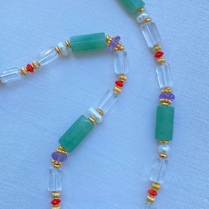 Colorful Statement Necklace with Crystal Quartz, Aventurine, Amethyst, Coral & Pearl | Handmade Boho Chic Jewelry