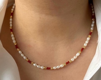 Dainty Natural Pearl and Sicilian Coral Necklace, Geniune  Antique Red Coral  chocker