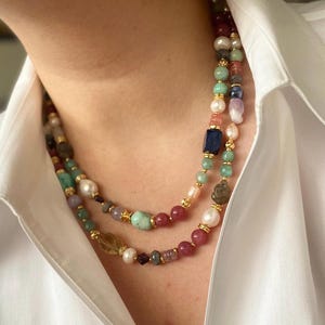 Multistrand Gem Stones Handcrafted Beaded Necklace. Amozonite, Labrodorite, Baroque Pearl, Lapis Lazuli, Lemon quartz with 18k gold plated