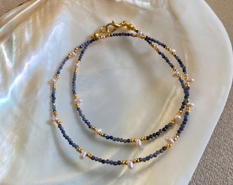 Sapphire and Pearl Beaded Choker, Dainty Gemstone Blue Necklace