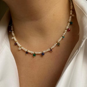 Unique Multicolor Gemstones Pearl Necklace, Freshwater Pearl Rainbow Necklace, Dainty Pearl Choker, Summer Jewelry, Colorful Pearl Necklace