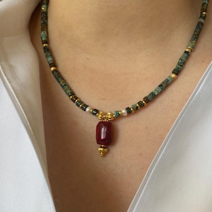African Turquoise & Natural Coral Pendant Necklace | Boho Gemstone Jewelry | Gold-Plated Details | Artisan Handmade