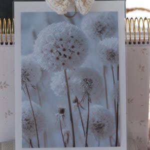 Puede incluir: Calendario con una fotografía de dientes de león blancos en un campo. El calendario tiene una encuadernación en espiral dorada y una cubierta rosa claro con un estampado floral. Una cesta de mimbre y un artículo de punto rosa están en el fondo.