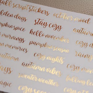 Pode incluir: Uma folha de autocolantes brancos com várias frases de temática outonal escritas num tipo de letra cursivo em cobre metálico. As frases incluem fall script stickers, golden days, stay cozy, october mood, pumpkin spice e hello november.