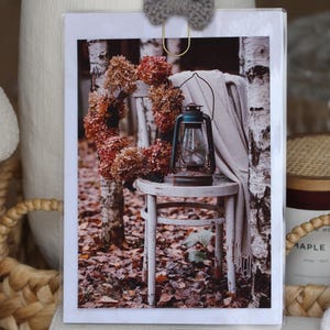 Op de afbeelding: Een witte vintage stoel met een verweerde afwerking staat in een bosrijke omgeving. Een krans van gedroogde bloemen hangt aan de rugleuning van de stoel. Een lantaarn staat op de zitting van de stoel.