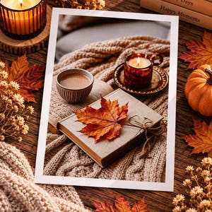 May include: A photograph featuring a beige book topped with a dried orange maple leaf, a small grey ceramic bowl of coffee, and a lit brown glass candle on a saucer. The scene is set on a textured beige knit blanket with scattered autumn leaves.