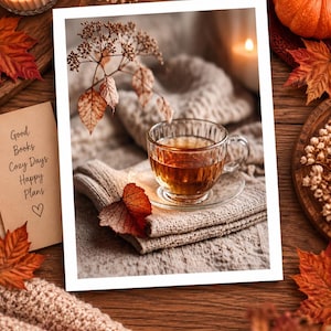 May include: A clear glass teacup filled with amber liquid sits on a matching saucer atop a folded beige knit fabric. A single dried orange leaf rests on the fabric. A tan card features the text Good Books Cozy Days Happy Plans and a heart.