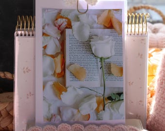 Puede incluir: Primer plano de un arreglo floral con una rosa blanca, pétalos dispersos y páginas de un libro. Los pétalos son blancos y color melocotón. El arreglo se sostiene en un marco transparente con un clip dorado.