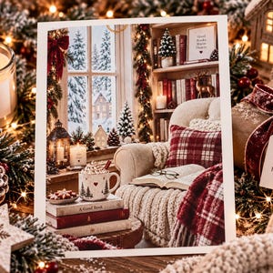 May include: A rectangular print featuring a cozy winter scene with a window view of snowy trees, a bookshelf, a cream-colored armchair with a red plaid pillow, a stack of books, a mug with a tree pattern, and text reading Good Books Warm Hearts.