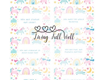 Lunchbox Affirmation Cards for Kids | Unicorn & Rainbow Edition K-3 – Printable PDF | Back-to-School Notes