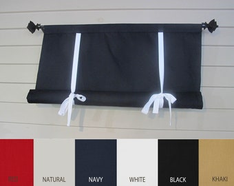 Tie Up Canvas Window Shade, Custom Widths, BLACK Canvas Duck 48 Long or Custom Lengths Small Window Wide Curtain