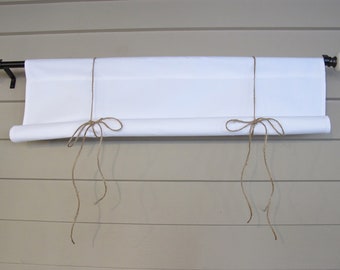 Simple Roll Up Valance, Custom Widths, WHITE. Off white or natural Cotton Canvas Tie Up Shade Small Window Wide Curtain