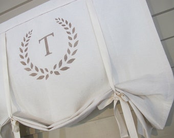 Tie Up Monogram Window Shade, Drop Cloth Fabric, Custom Widths, 48 Inch Long or Custom Length Small Window Wide Curtain