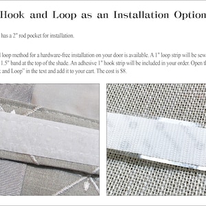 Puede incluir: Primer plano de un cierre de velcro cosido en la parte posterior de una banda de tela de 3,8 cm de ancho. El cierre de velcro es una opci&oacute;n de instalaci&oacute;n sin hardware para una cortina de ventana. El texto "Add Hook and Loop" es visible en la imagen.