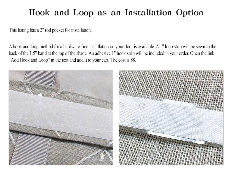 Puede incluir: Primer plano de un cierre de velcro cosido en la parte posterior de una banda de tela de 3,8 cm de ancho. El cierre de velcro es una opci&oacute;n de instalaci&oacute;n sin hardware para una cortina de ventana. El texto "Add Hook and Loop" es visible en la imagen.
