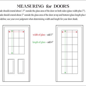 Puede incluir: Diagrama que muestra c&oacute;mo medir para una cortina de puerta. El diagrama muestra una puerta con un panel de vidrio e instrucciones para agregar 7,6 cm al ancho del vidrio y 10,2 cm a la longitud del vidrio.