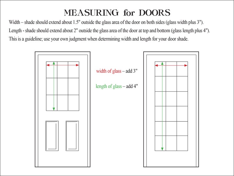Puede incluir: Diagrama que muestra c&oacute;mo medir para una cortina de puerta. El diagrama muestra una puerta con un panel de vidrio e instrucciones para agregar 7,6 cm al ancho del vidrio y 10,2 cm a la longitud del vidrio.