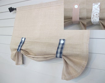 Button Up Tabbed Swag Window Shade, Custom Widths, Natural Burlap with Blue Plaid, Red Stripe or Brown Toile Accents