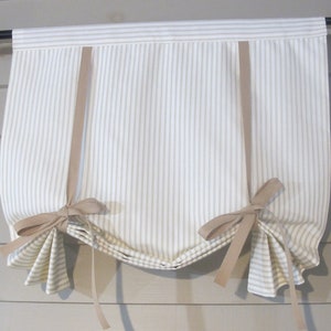 Tie Up Fabric Window Shade, Custom Widths, TAN Cotton TICKING, 36 Inch Long or Custom Lengths Small Window Wide Curtain P080824