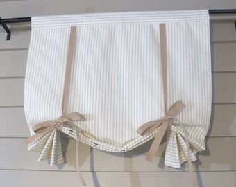 Tie Up Fabric Window Shade, Custom Widths, TAN Cotton TICKING, 36 Inch Long or Custom Lengths Small Window Wide Curtain P080824