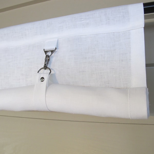 Roll Up Swedish Blind Curtain, Custom Widths, White Linen, 36 Long or Custom Length Small Window Wide Curtain