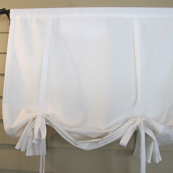 White Cotton Canvas Tie Up Curtain, Custom Widths 60L or shorter