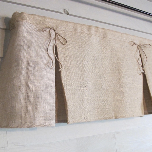 Pleated Burlap Valance with Jute Bows Window Treatment Natural Rustic Curtain Small Window Wide Curtain