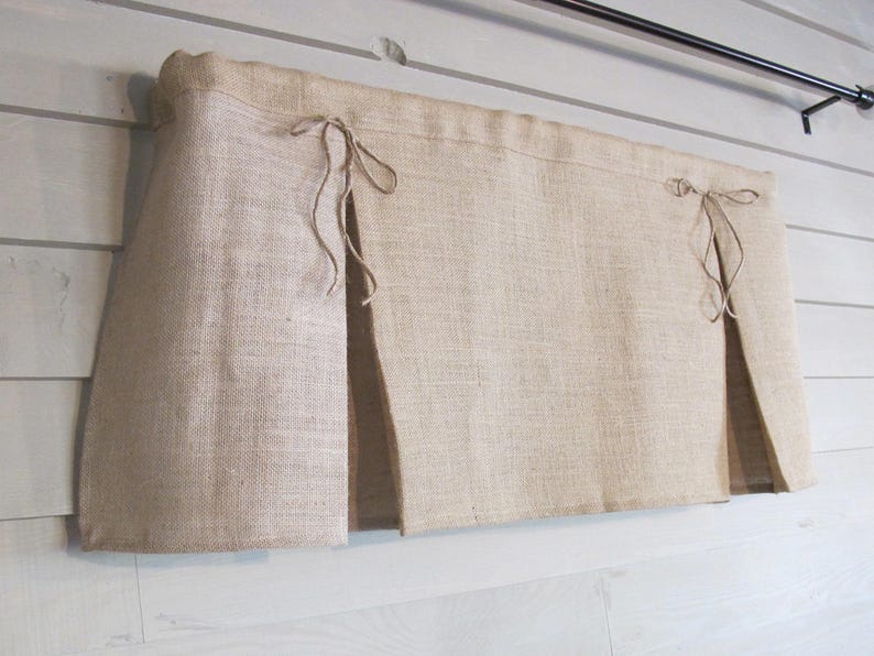 Pleated White Burlap Valance with Jute Bows Window Treatment Natural Rustic Curtain